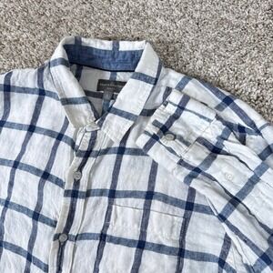 LL Bean Signature Shirt Mens L White Blue Windowpane Plaid Linen Slim Fit